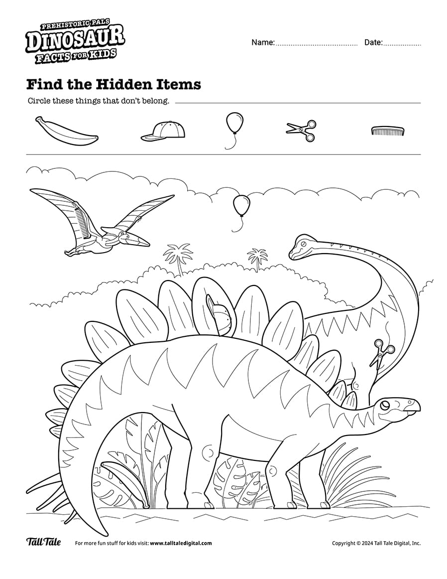 Dinosaur find hidden items activity page